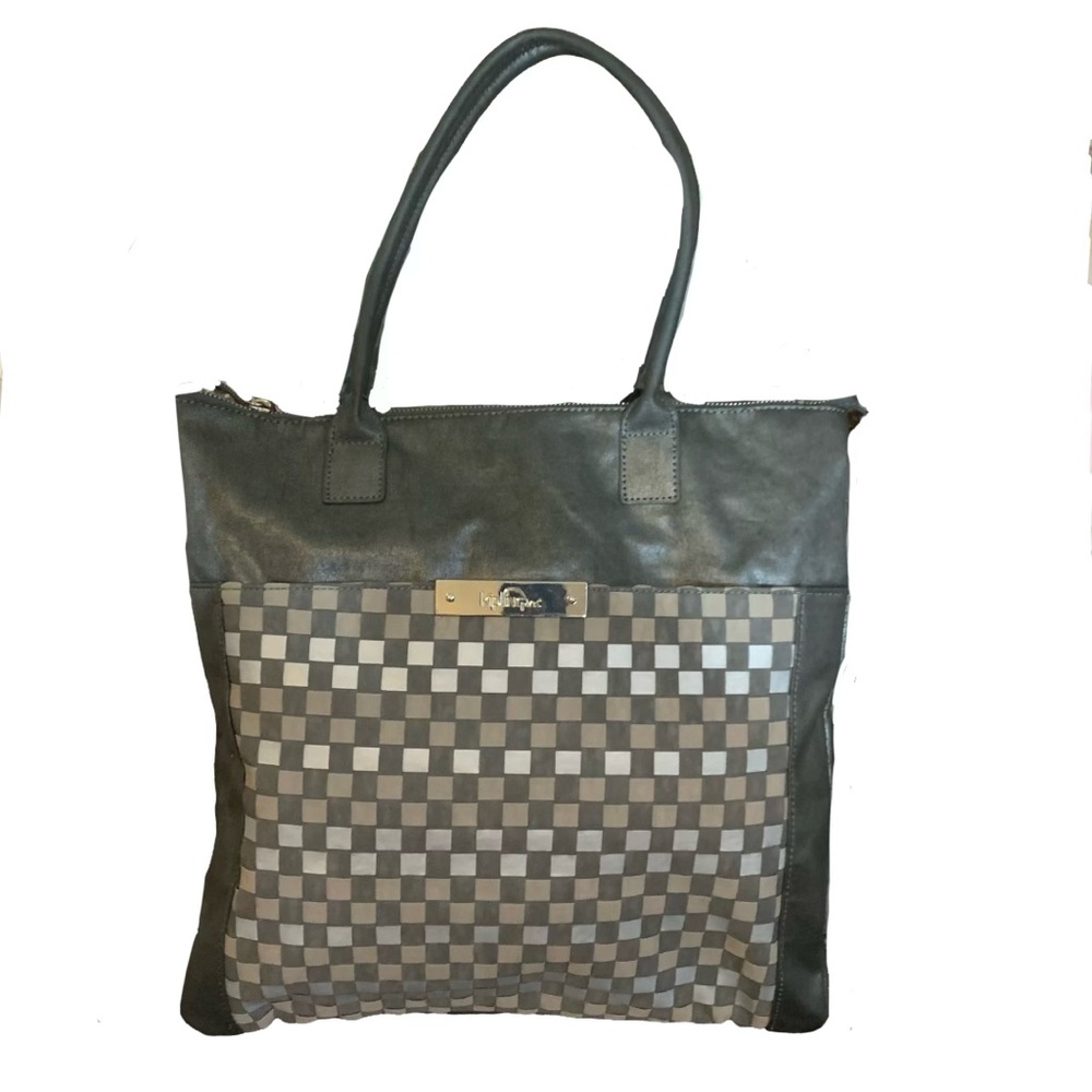 KIPLING GRAY LEATHER WITH NYLON WEAVE ACCENTS "CARLISA" TOTE SHOULDER BAG - Picture 2 of 10